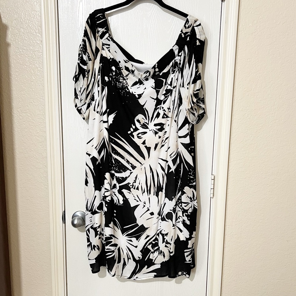 [Cato] Black & White Leafy Print Dress Off The Shoulder Plus 18/20 Tropical